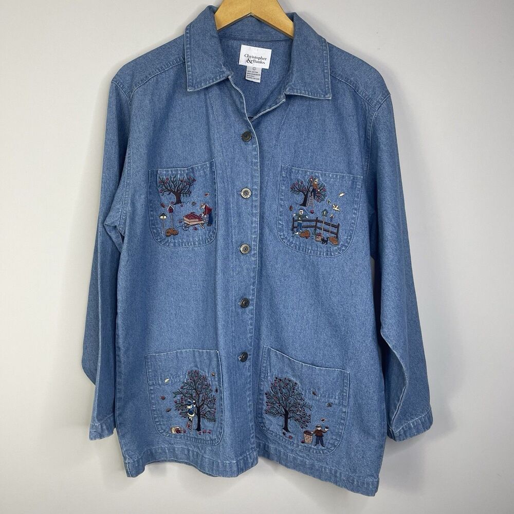 Christopher & Banks Size L Denim Fall Scenes Button Up Shirt Teacher Fall